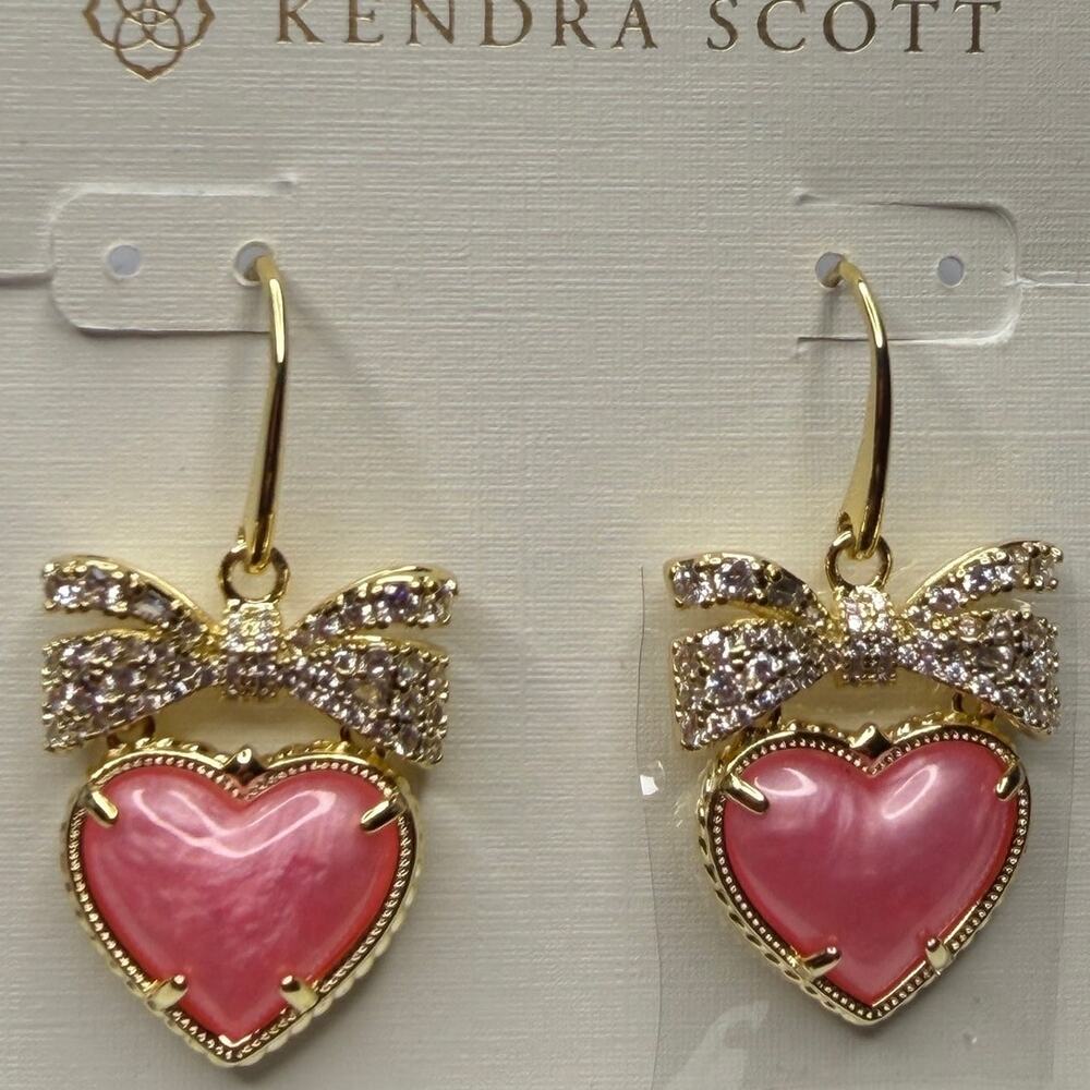 Kendra Scott Haisley Heart Bow Gold Drop Earrings Blush New